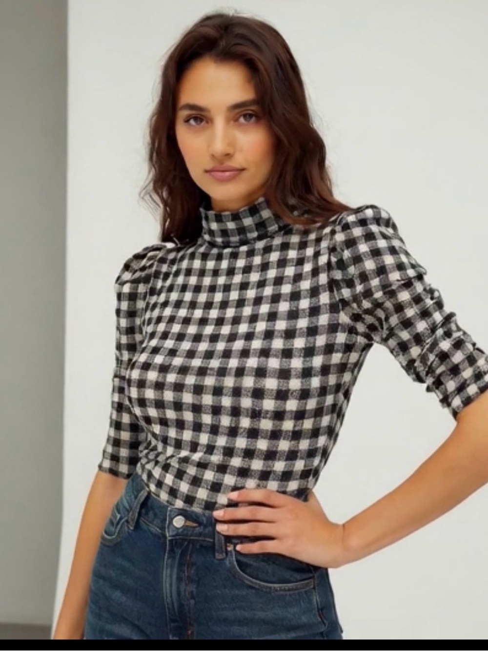 Free People Gather Black & White Gingham Turtleneck - Picture 6 of 17